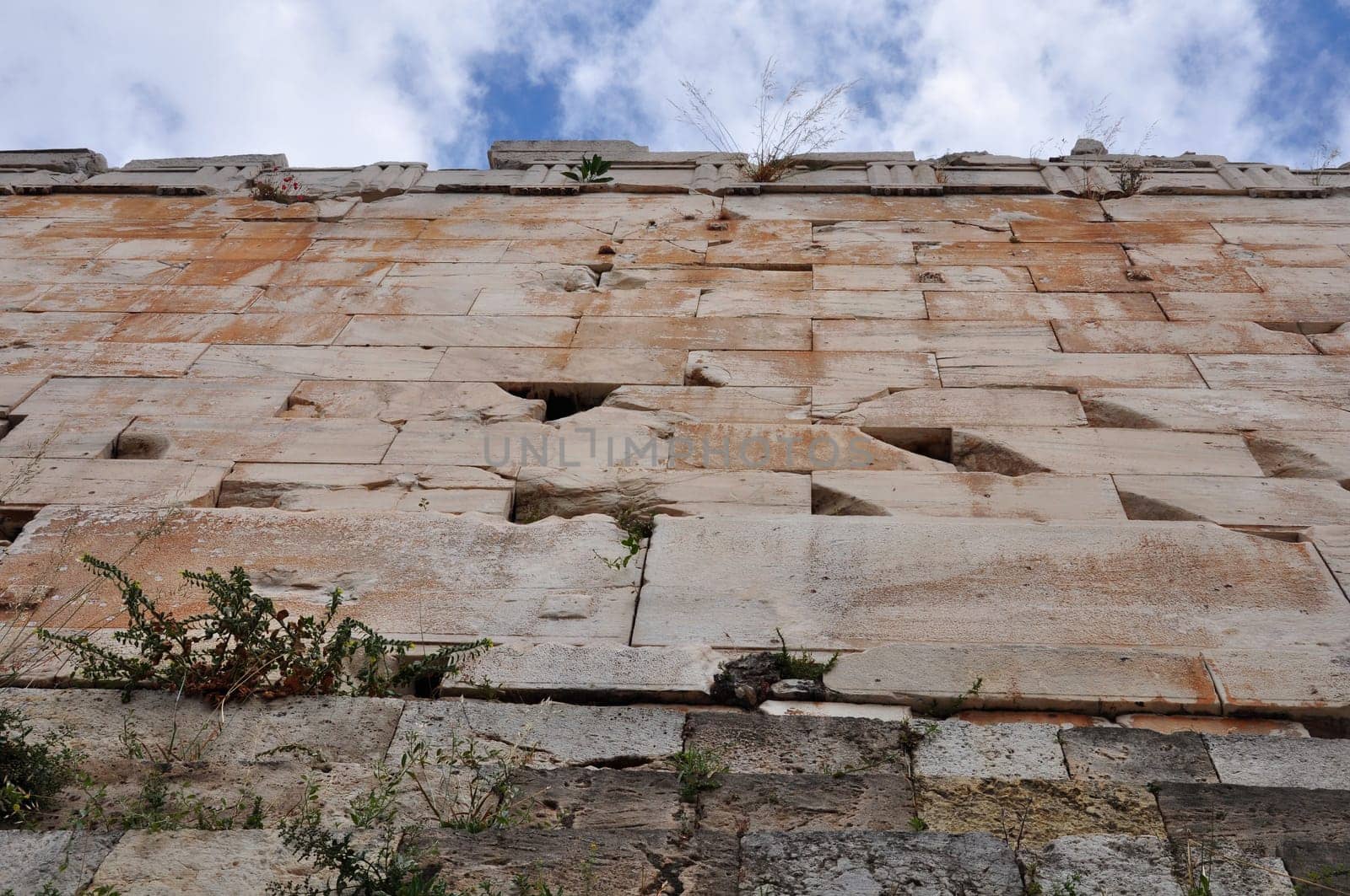 Under the Acropolis wall. Plants and flowers growing on ancient ruins, Athens Greece.