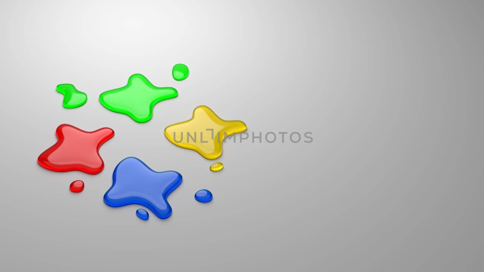 Four Colors Ink Drops on Gray Background with Copyspace 3D Illustration
