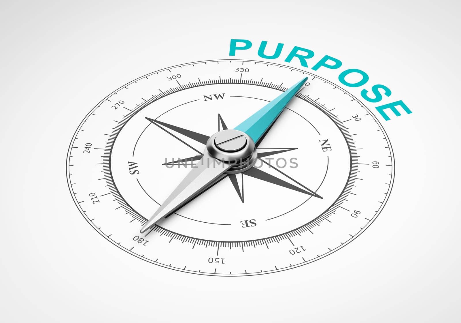 Magnetic Compass with Needle Pointing Blue Purpose Word on White Background 3D Illustration