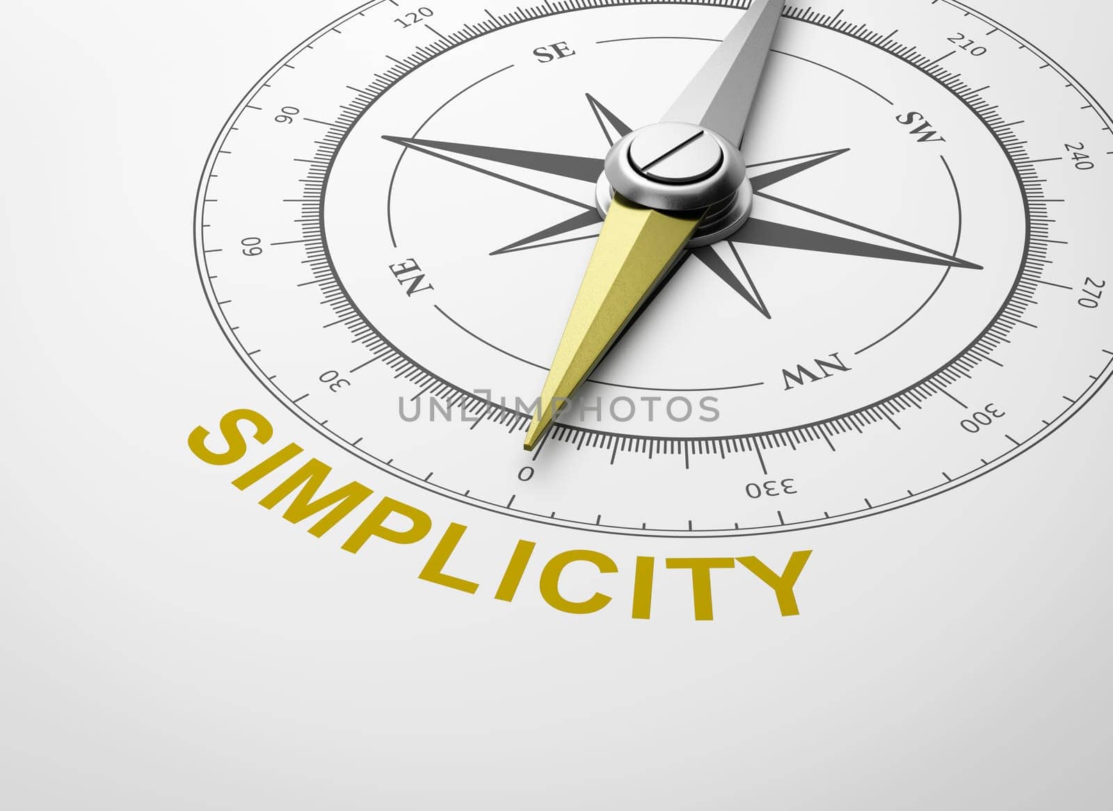 Magnetic Compass with Needle Pointing Yellow Simplicity Word on White Background 3D Illustration