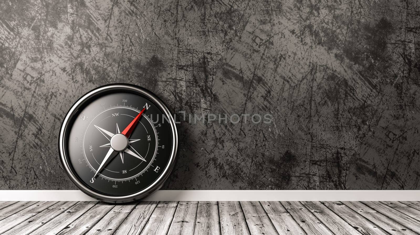 Metallic Compass with Red Magnetic Needle Pointing Toward the North on Wooden Floor Against a Plastered Wall with Copyspace, 3D Illustration