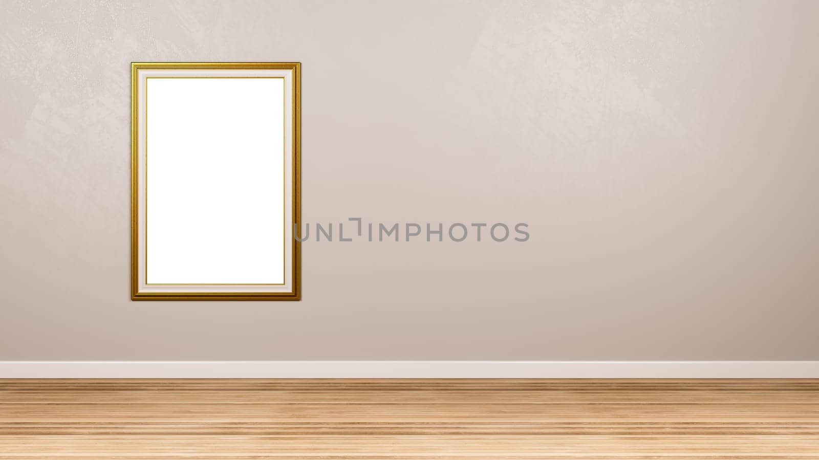 Classic Rectangular Portrait Empty Golden Picture Frame at the Wall in the Room with Copyspace 3D Render