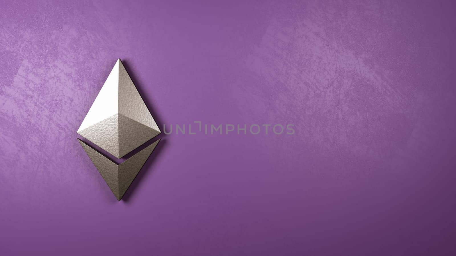 Metallic Ethereum Symbol Shape Against Purple Wall with Copy Space 3D Illustration