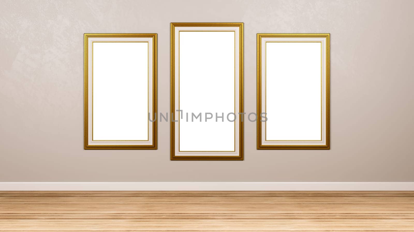 Triptych of Classic Rectangular Empty Golden Picture Frame at the Wall in the Room 3D Render