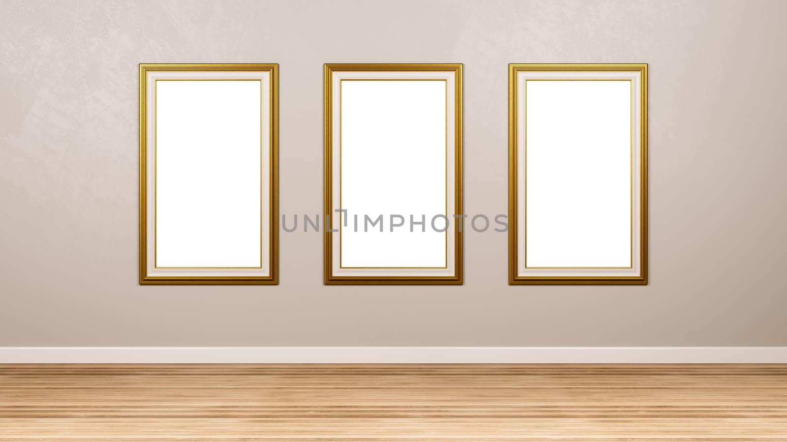 Triptych of Classic Rectangular Empty Golden Picture Frame at the Wall in the Room 3D Render