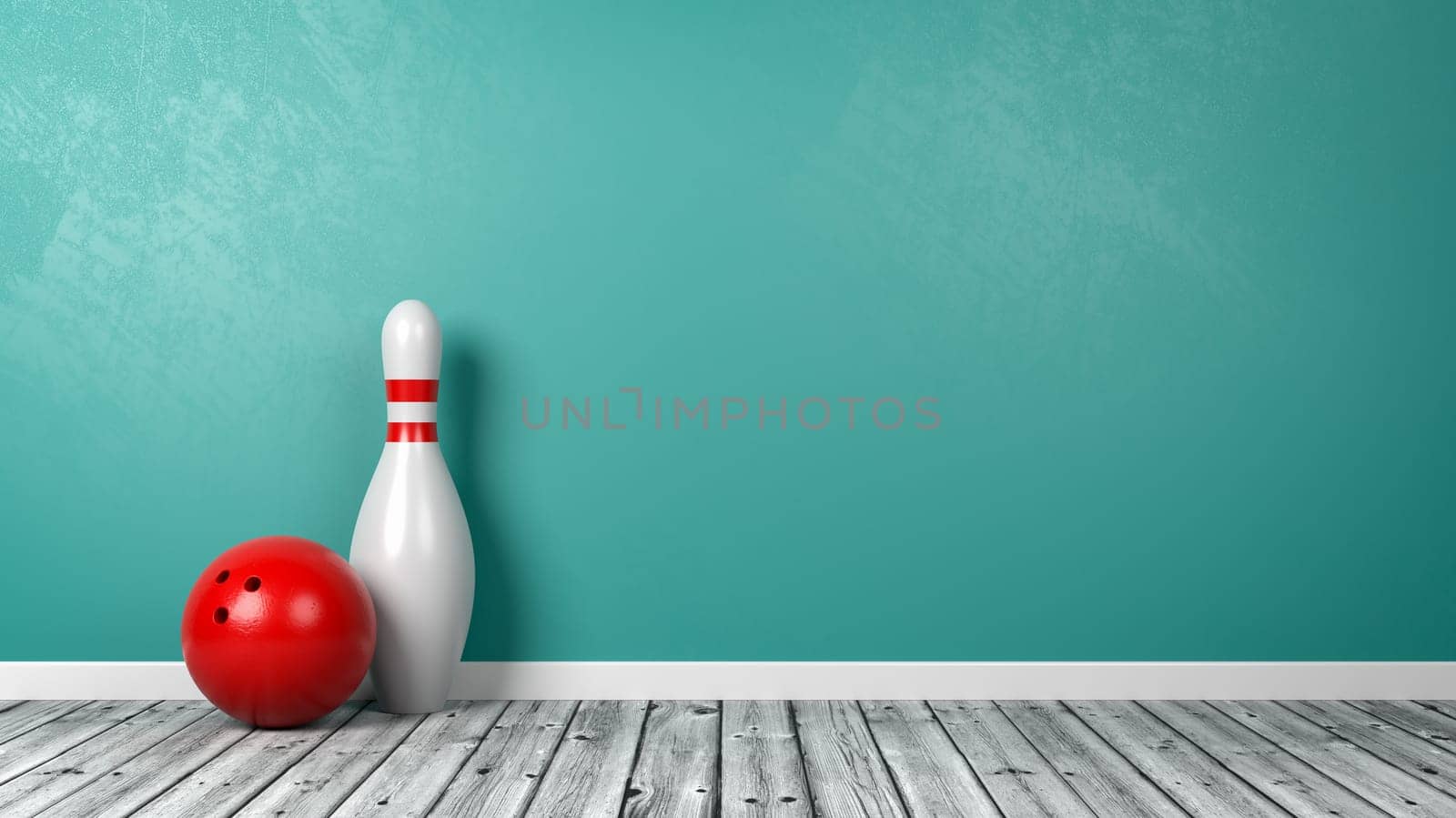One Single White and Red Skittle with Red Bowling Ball on Wooden Floor Against Blue Wall with Copy Space 3D Illustration