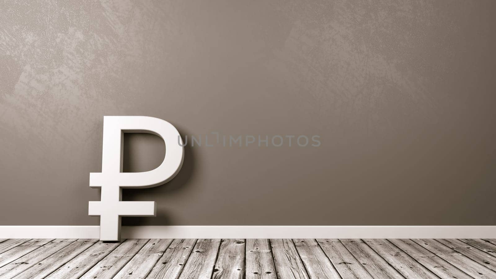 White Ruble Currency Symbol Shape on Wooden Floor Against Gray Wall with Copy Space 3D Illustration