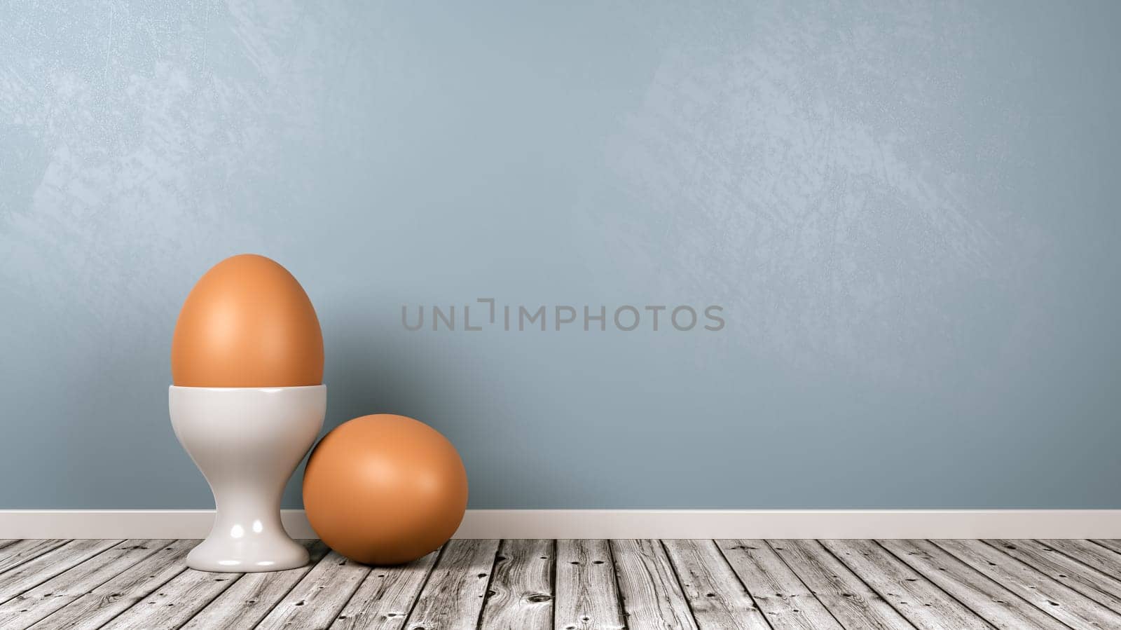 White Egg Cup with Egg on Wooden Floor Against Blue Gray Wall with Copy Space 3D Illustration