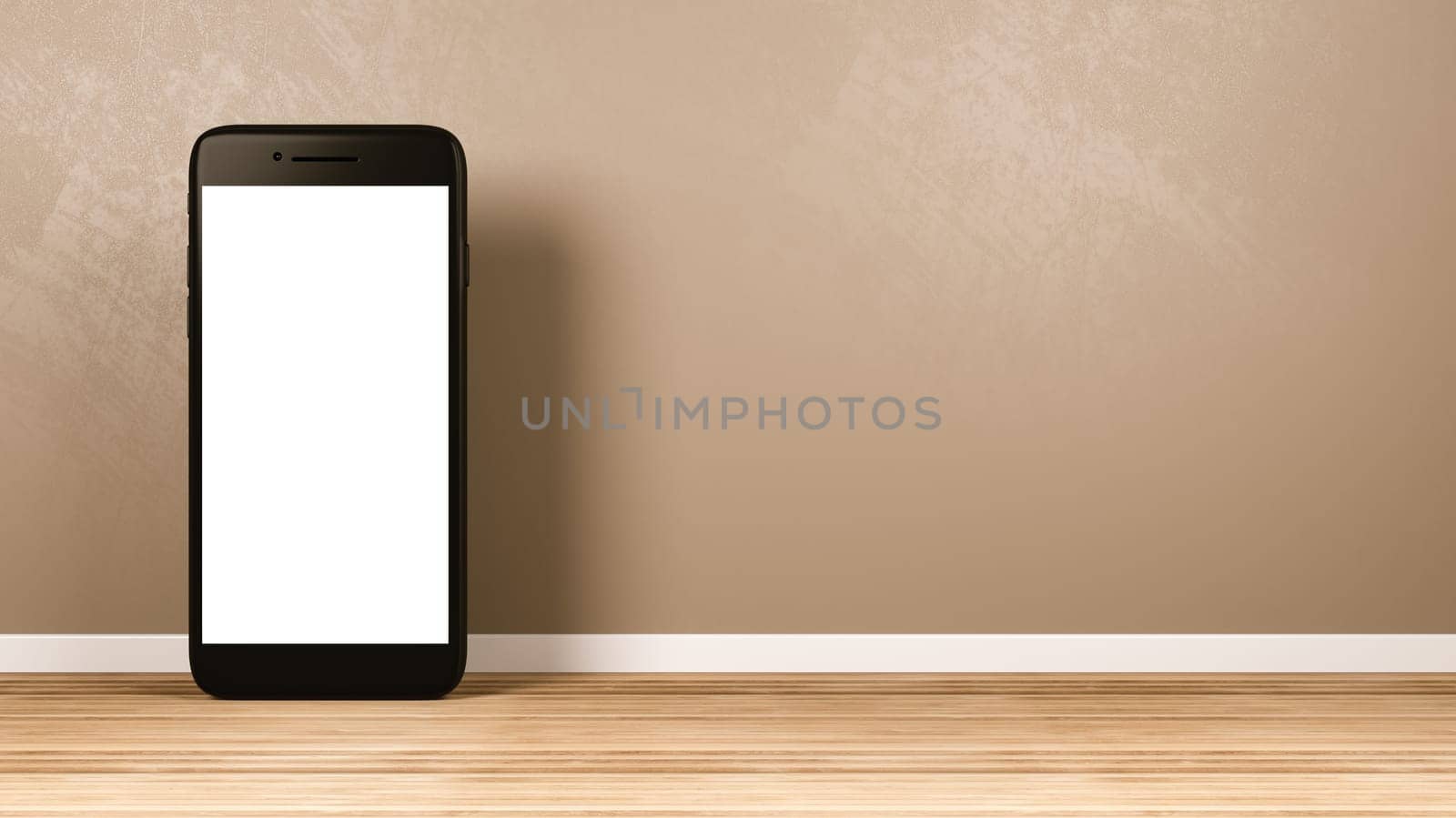 Standing Smartphone with White Blank Screen in the Room 3D Illustration, Front View