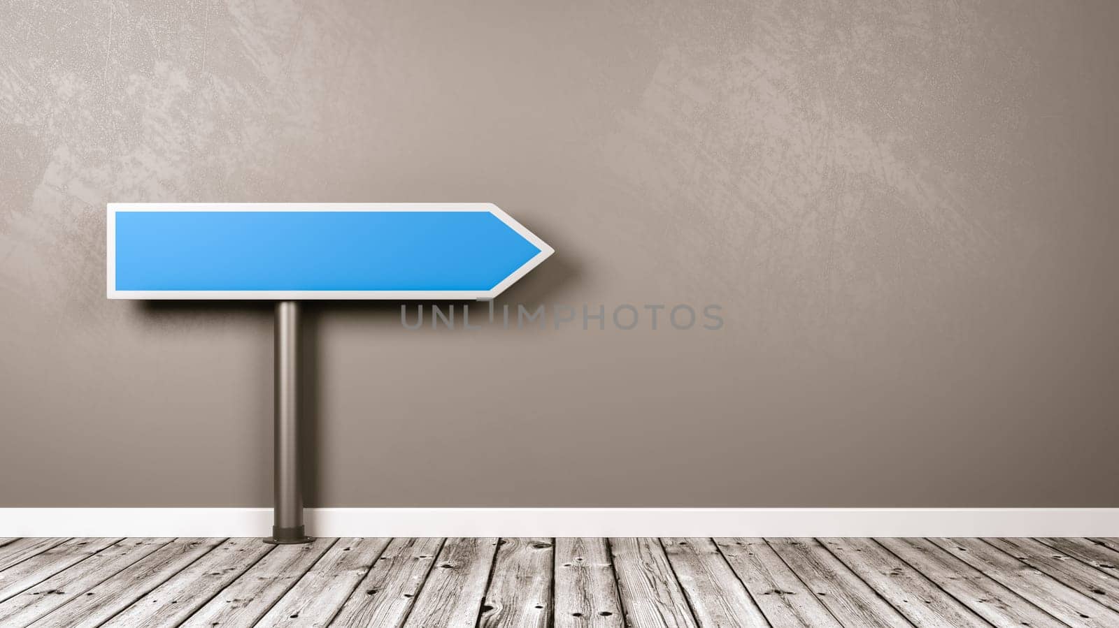 Blue Blank Directional Arrow on Wooden Floor Against Gray Wall with Copy Space 3D Illustration