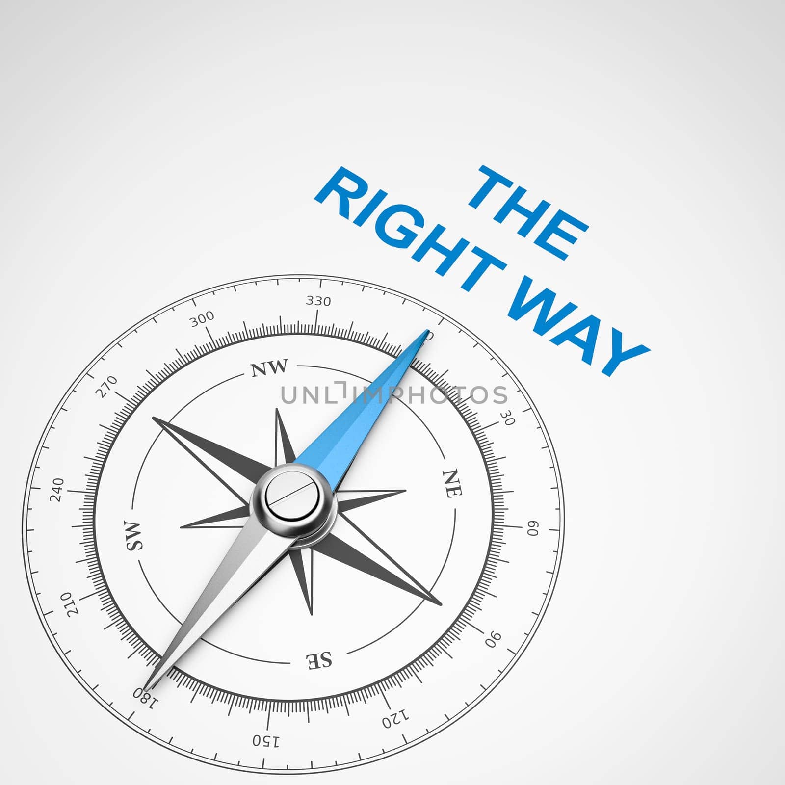 Magnetic Compass with Needle Pointing Blue The Right Way Text on White Background 3D Illustration