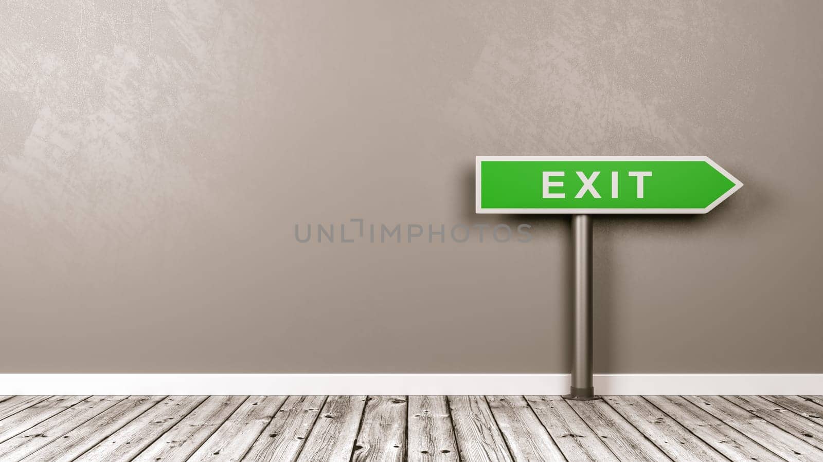Green Exit Directional Arrow on Wooden Floor Against Gray Wall with Copy Space 3D Illustration