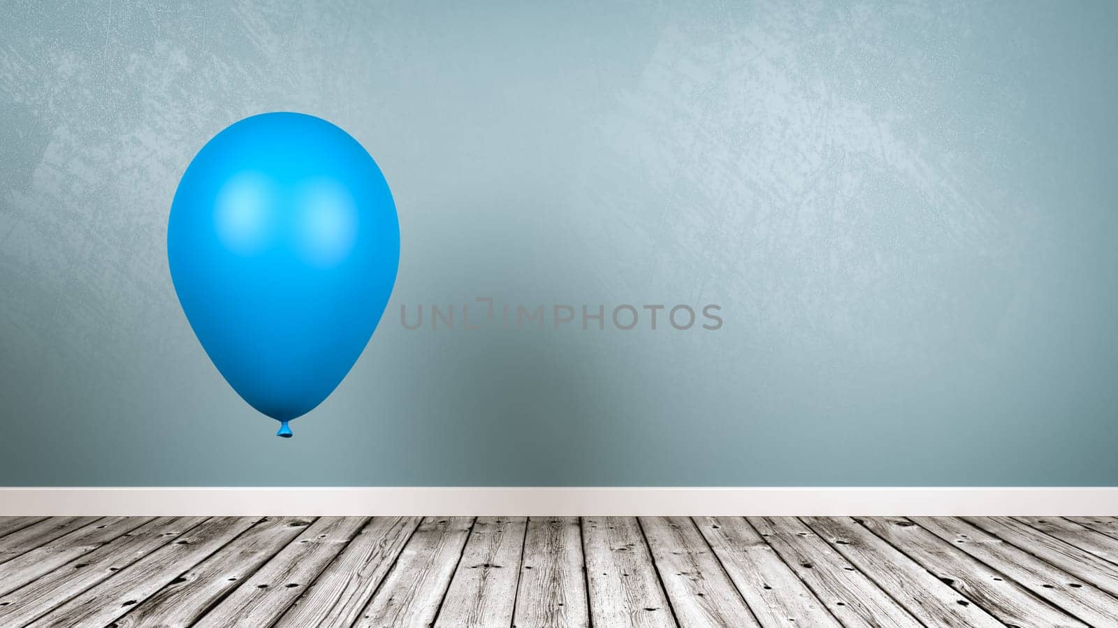 Single Blue Balloon in a Wooden Floor Blue Wall Room with Copy Space 3D Illustration