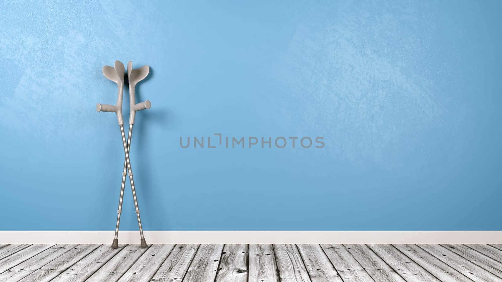 Crutches in the Room with Wooden Floor and Blue Wall with Copy Space 3D Illustration