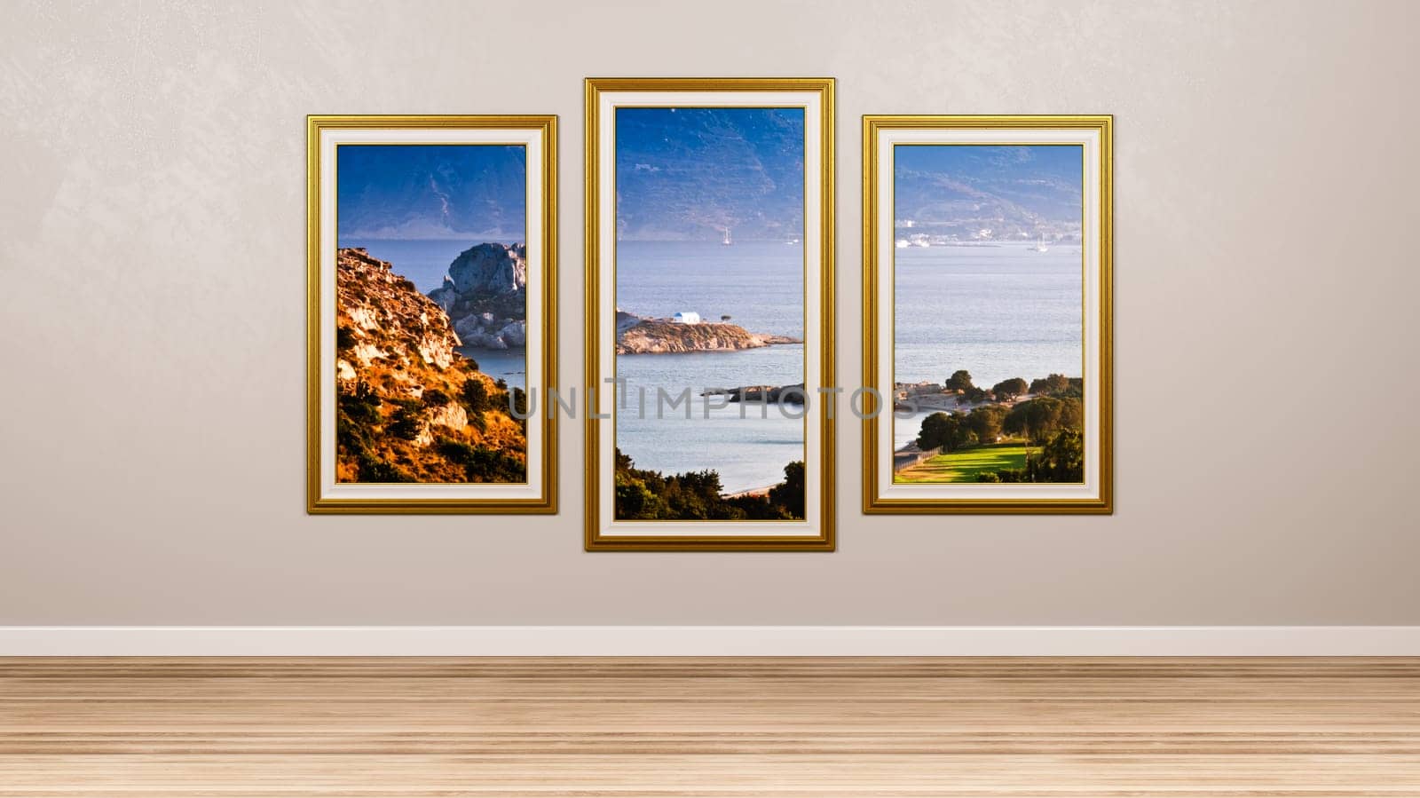 Triptych Kos Island Picture Frame in the Room 3D Render