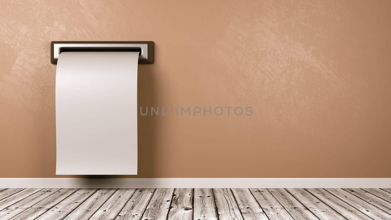 White Blank Ticket Receipt Coming Out from the Wall of a Wooden Floor Room with Copy Space 3D Illustration