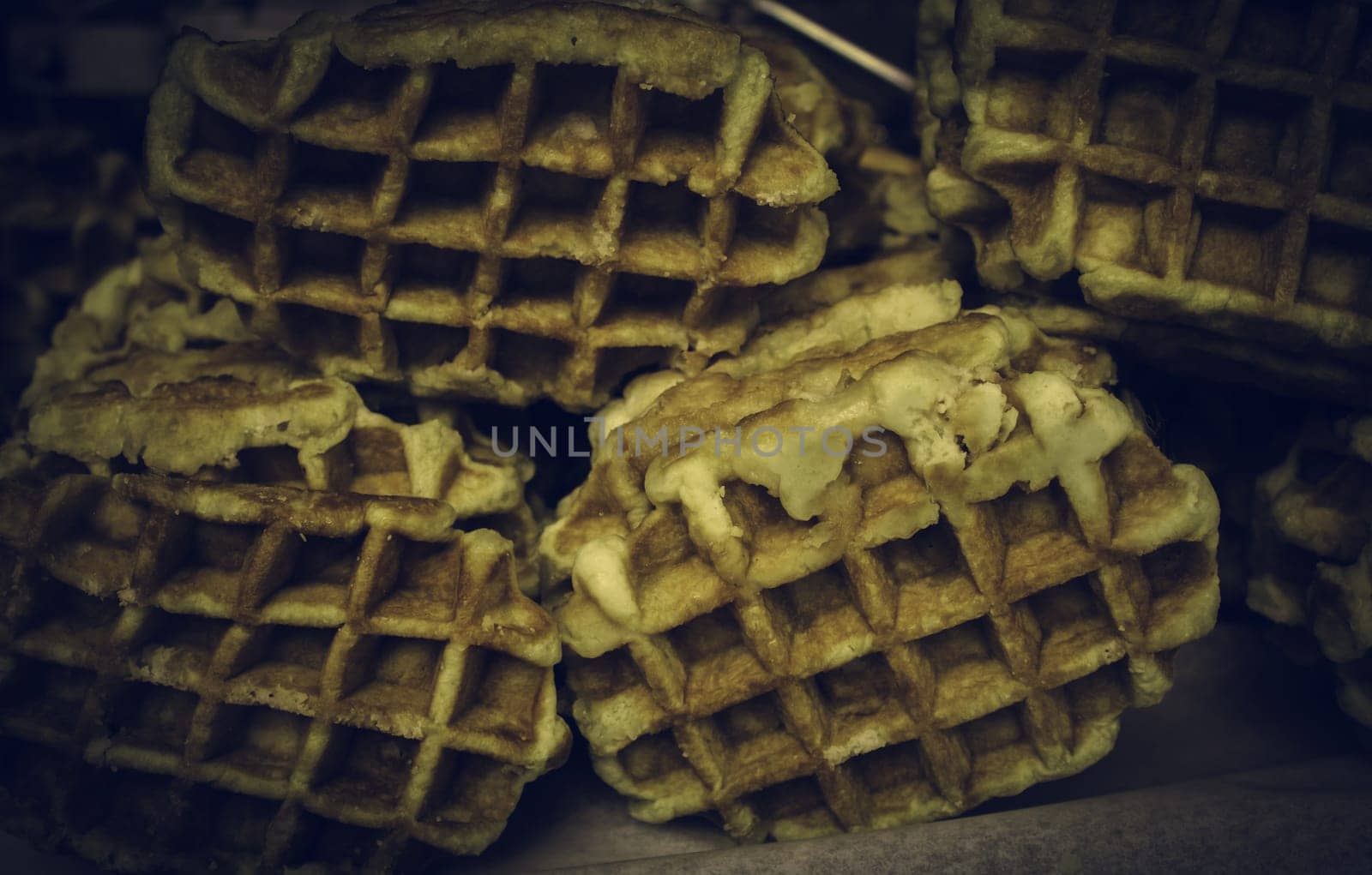 Waffle with caramel and chocolate, typical Belgian, dessert