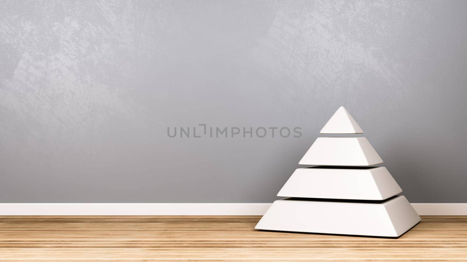 Four Levels White Pyramid on Wooden Floor Against Blue Gray Wall with Copy Space 3D Illustration