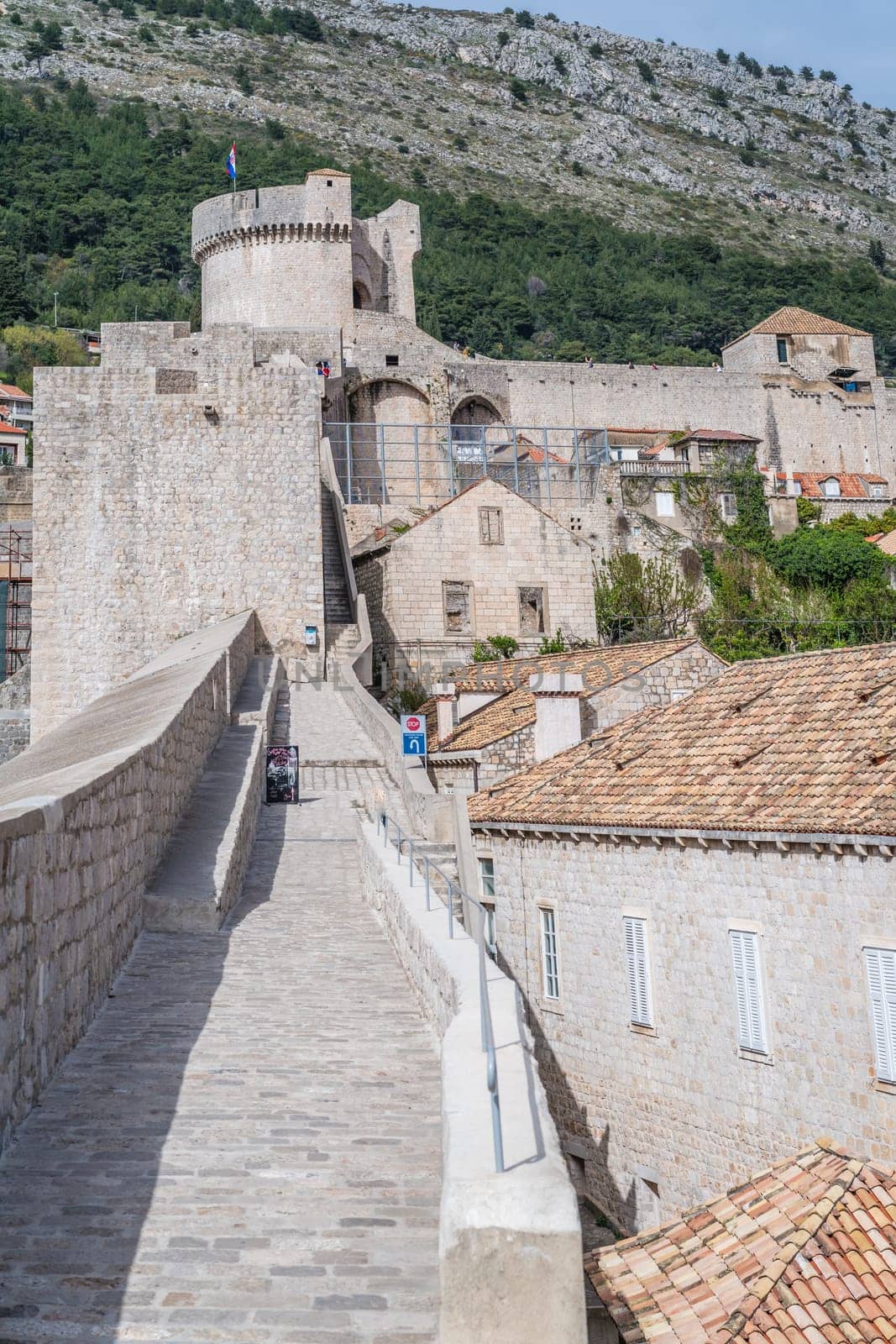 Dubrovnik, Croatia - April 2018 : Massive and impressive walls of the fortified Old Town in Dubrovnik, Croatia