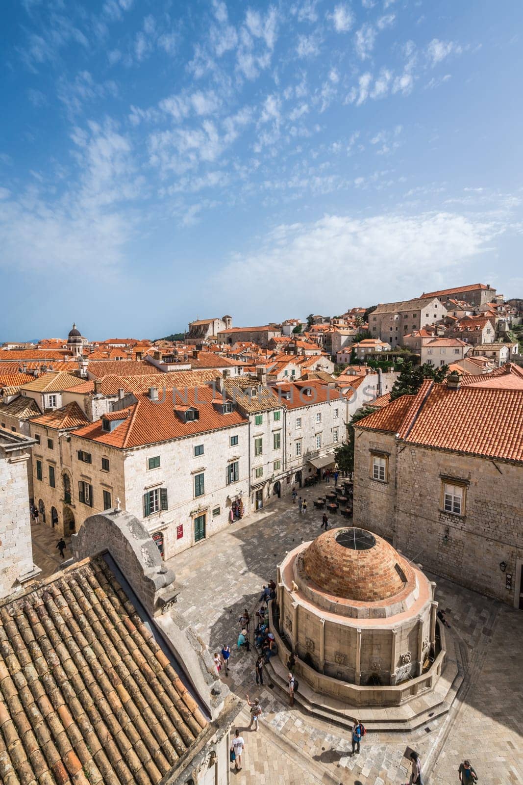 Dubrovnik, Croatia - April 2018 : The famous Dubrovnik Stradun street Onofrio Fountain in the Old Town, seen from above