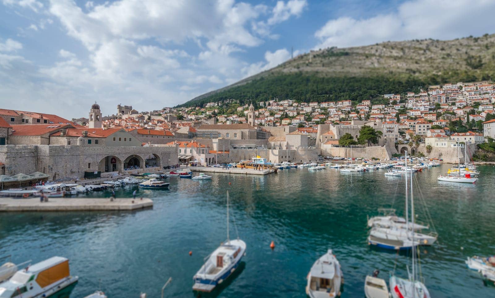 Dubrovnik, Croatia - April 2018 : View of the Dubrovnik old town marina and Old Town walls