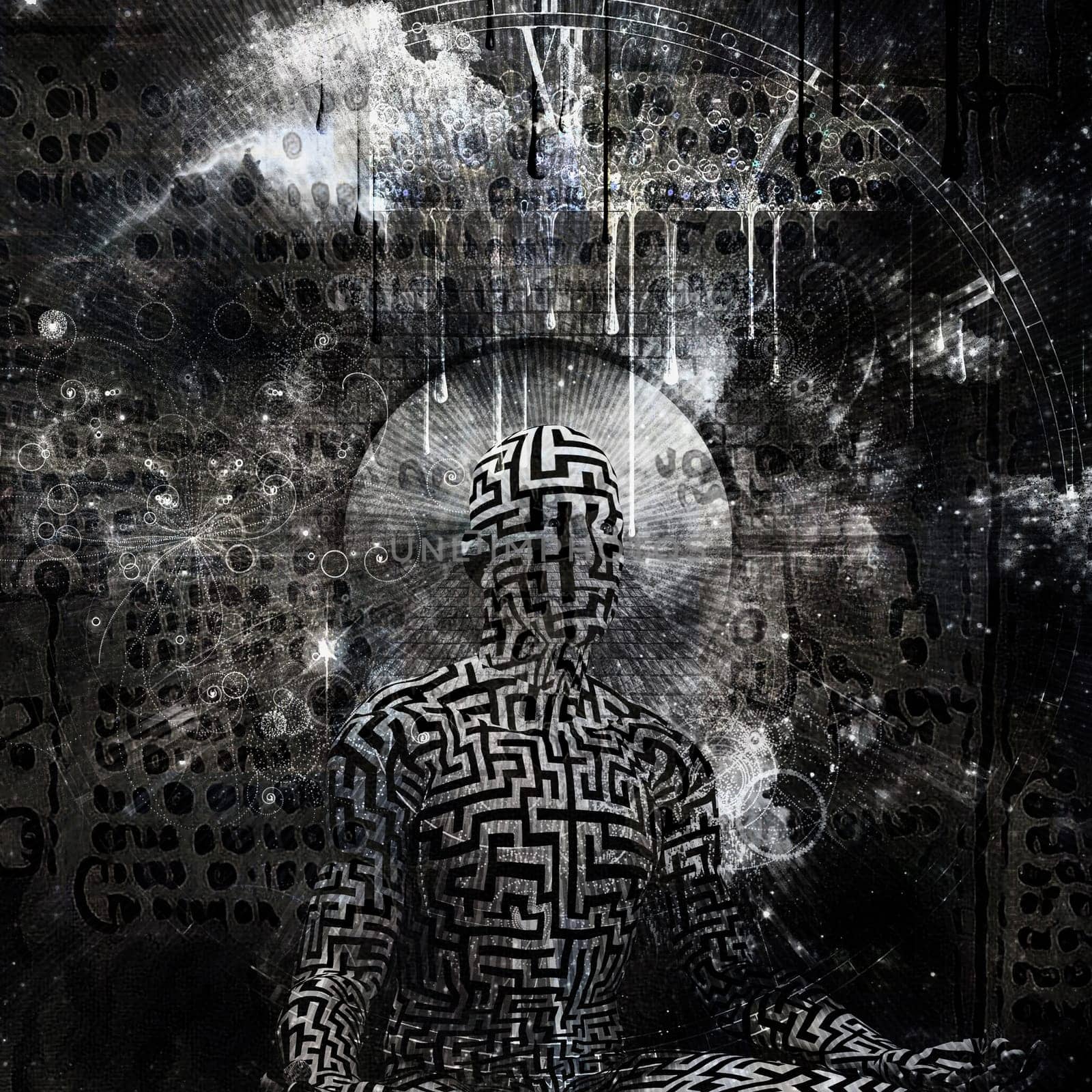 Abstract painting. Figure of man in lotus pose. Ancient text and symbols on the background. 3D rendering