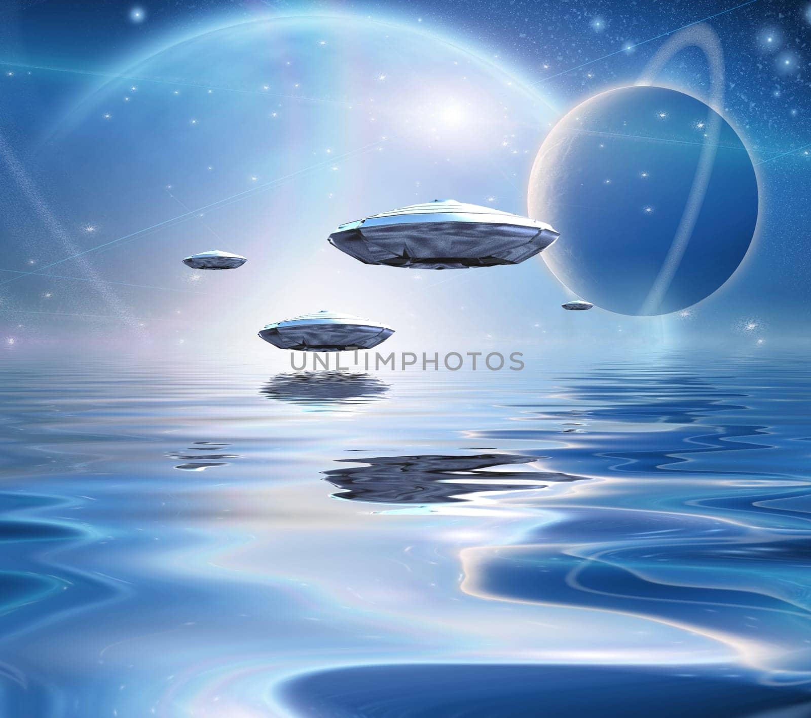 Exosolar Planets Rise over quiet waters. Spacecrafts. 3D rendering