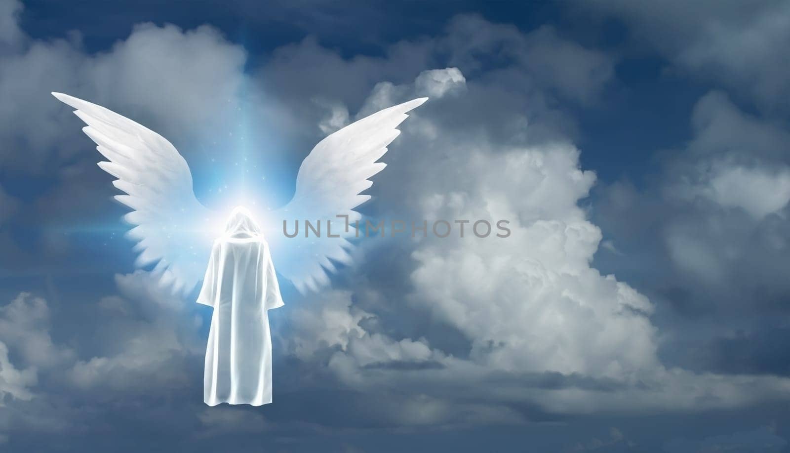 Figure in white cloak stands before winged star in cloudy sky