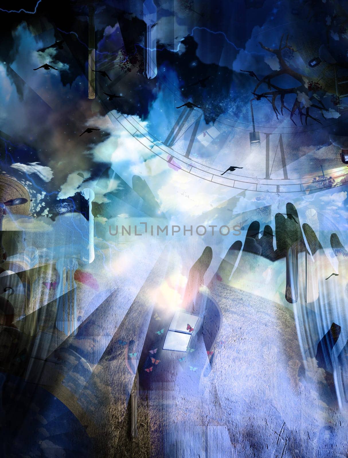 Surreal composition. Hands of prayer. Lightbulb represents ideas. Birds. 3D rendering