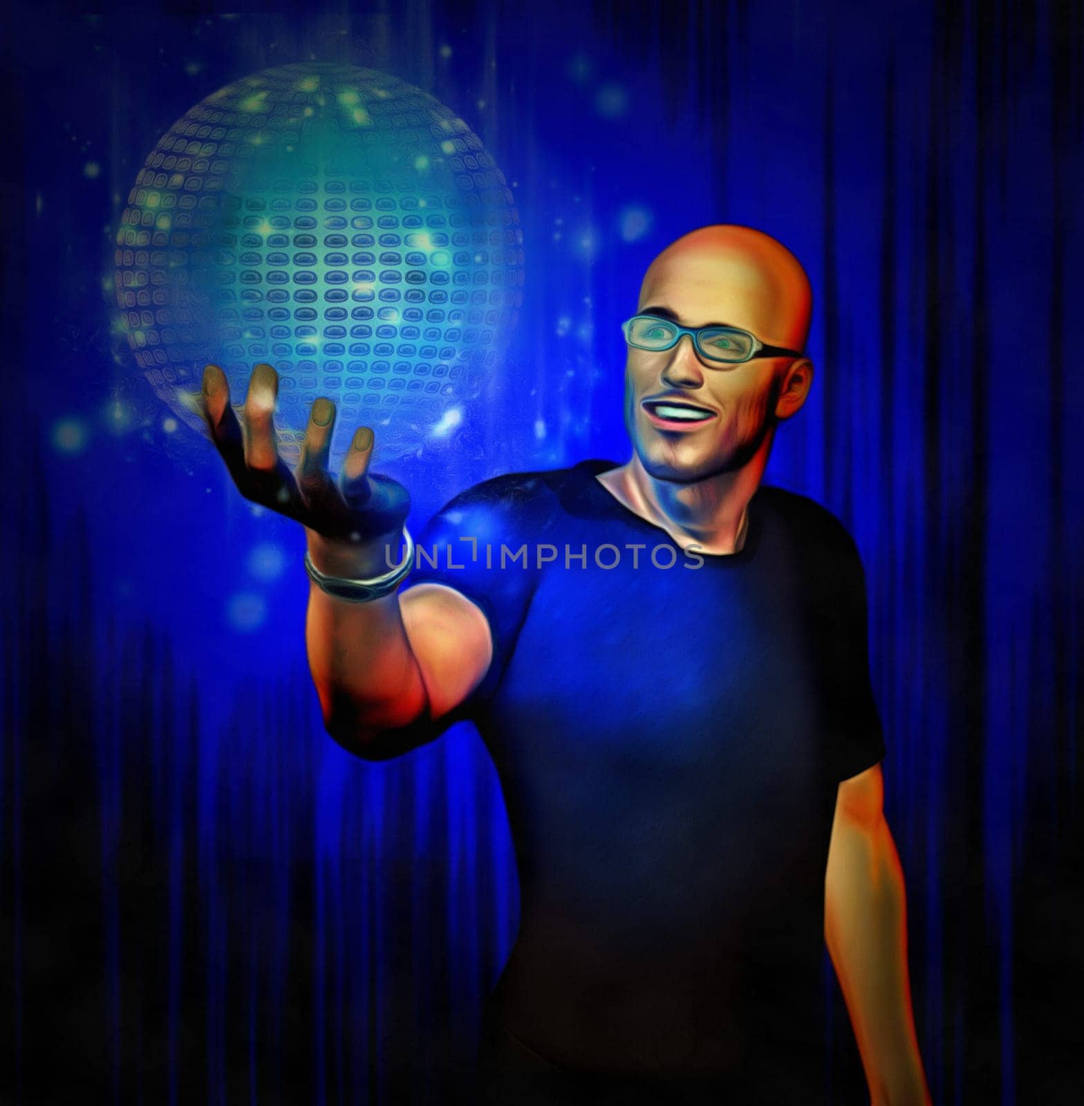 Futuristic digital painting. Bald man in glasses holds hologram sphere.