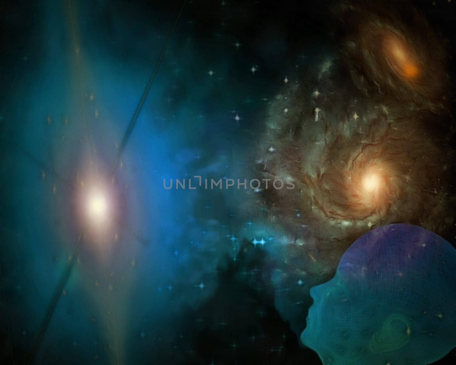 Surreal painting. Bright galaxies. Human's silhouette is dreaming.