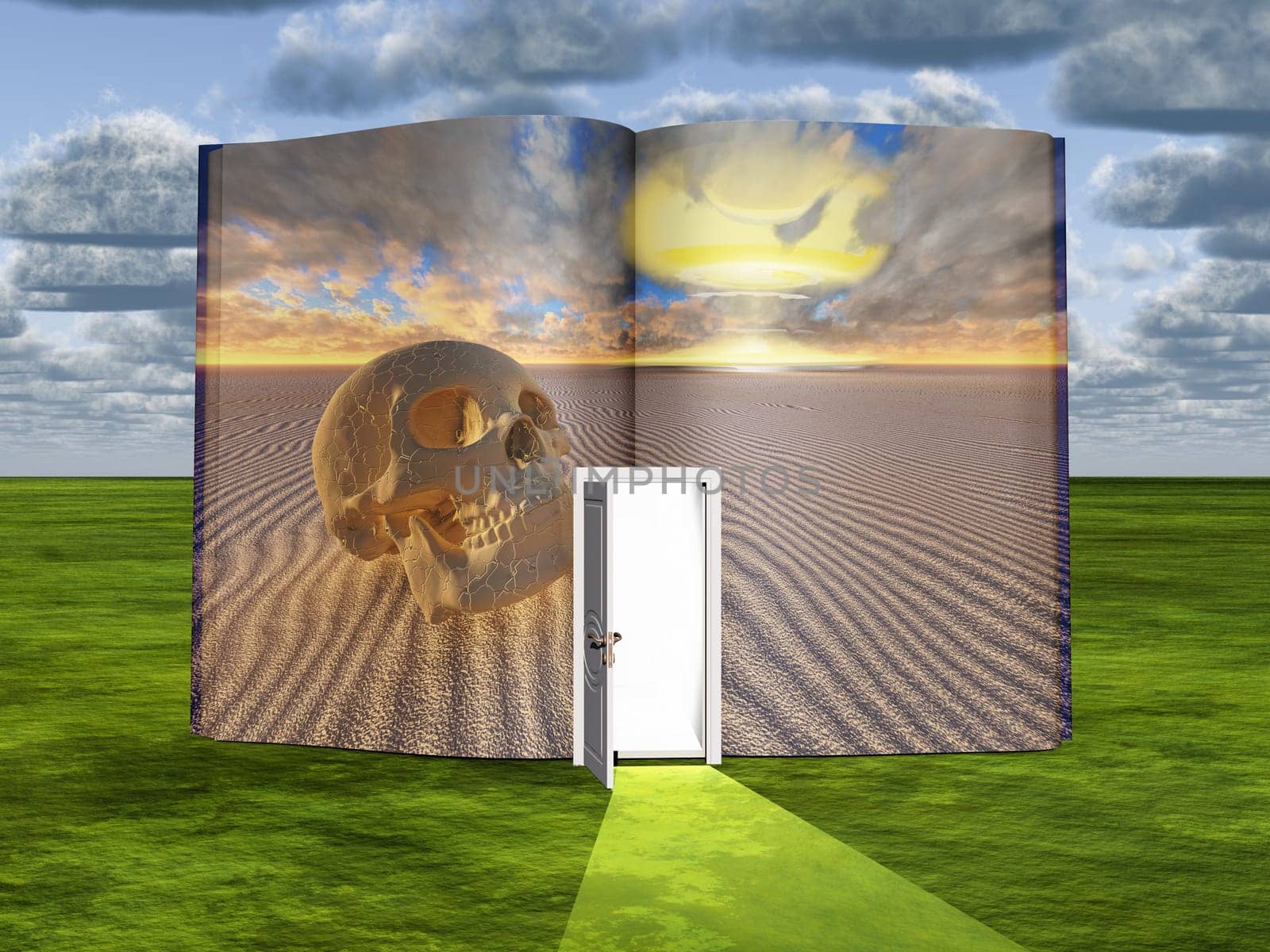 Surrealism. Book with opened door. Skull in a desert with nuclear blast