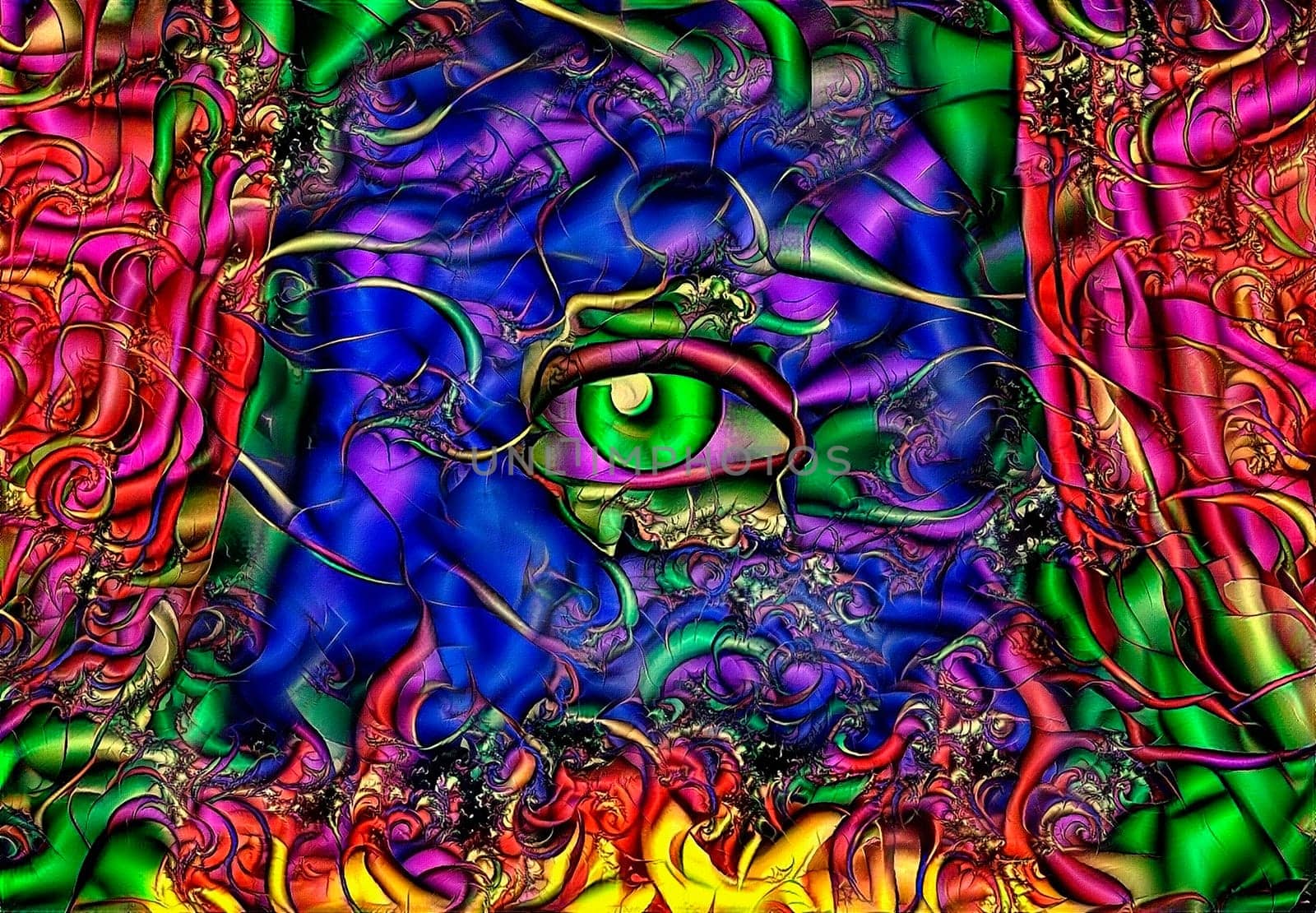 Abstract painting. Green eye on colorful stage