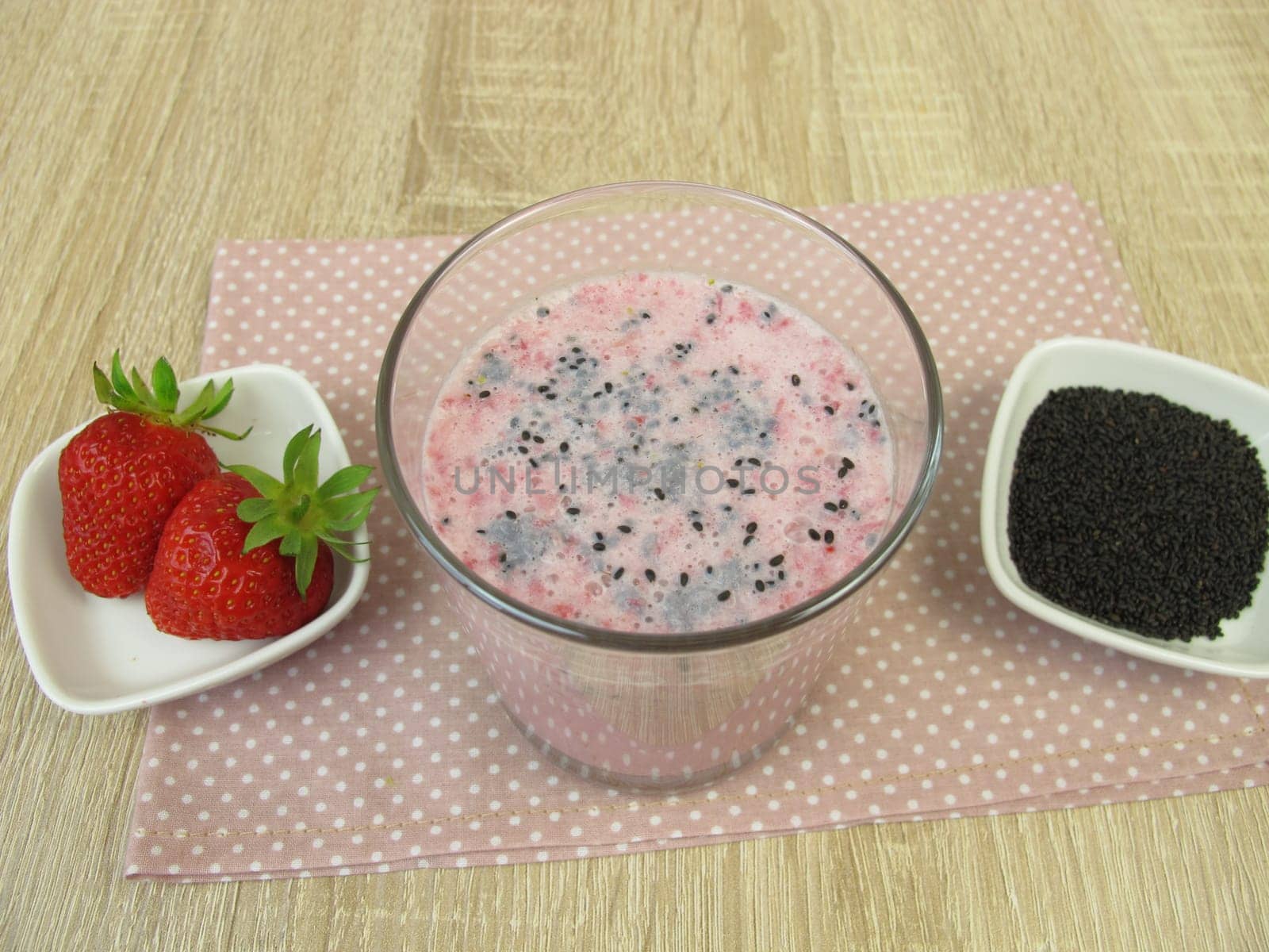 Strawberry milk shake with superfood basil seeds