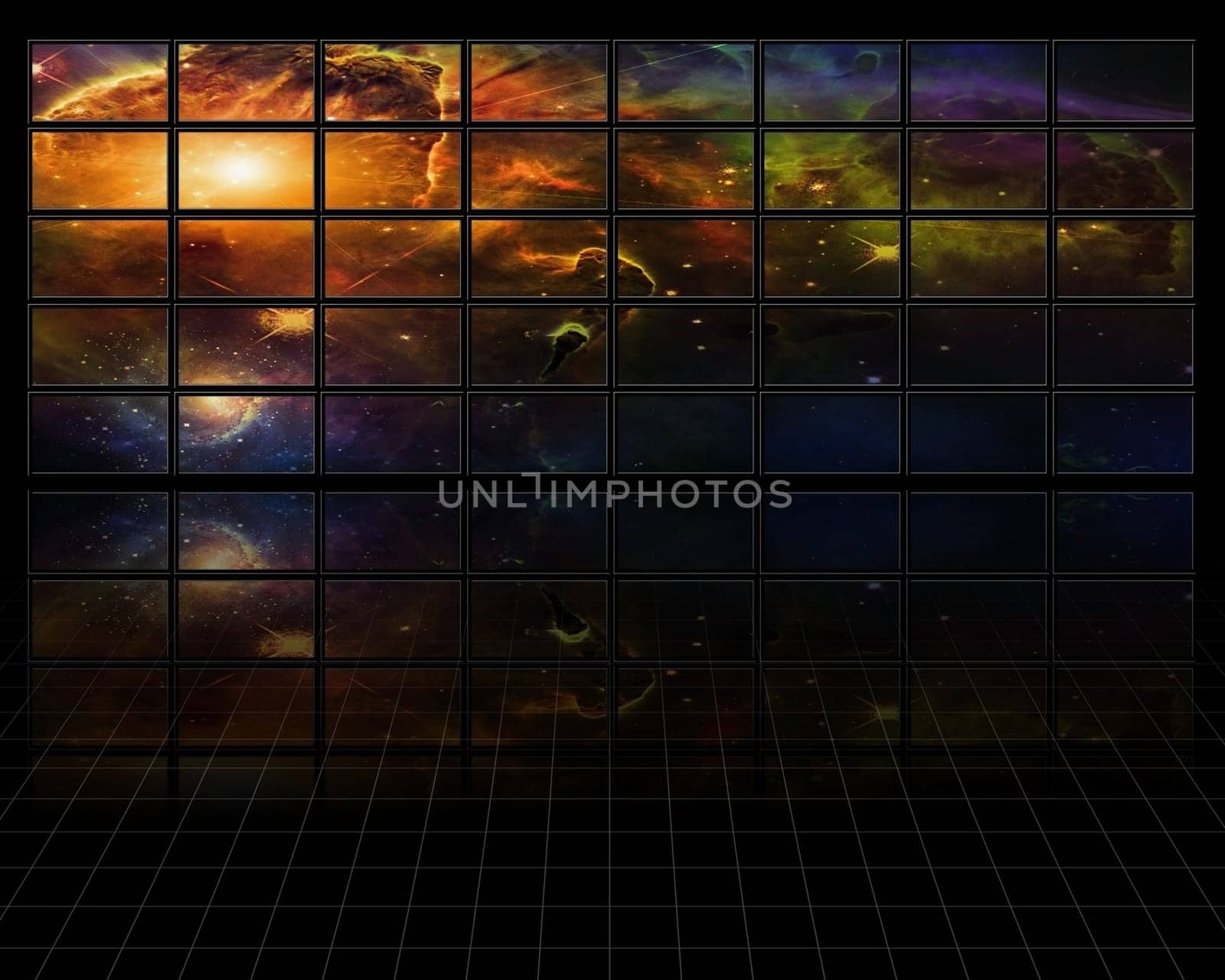 Galaxies and stars on screens in dark space