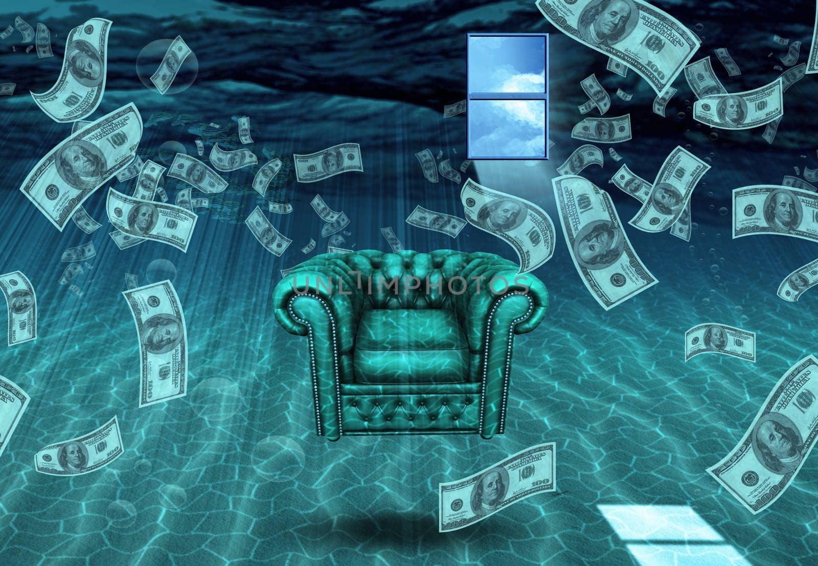 Strange Underwater Scene. Dollars and armchair.