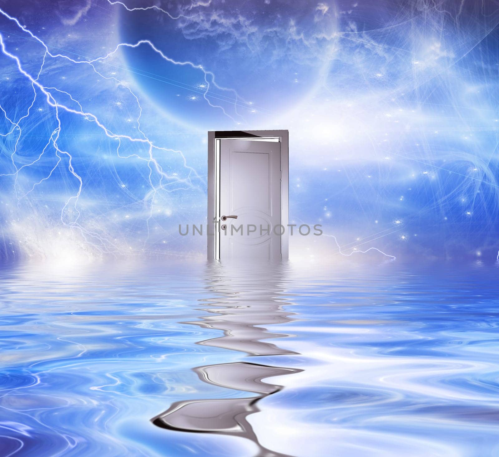 Surrealism. White door symbolizes portal to another dimension.