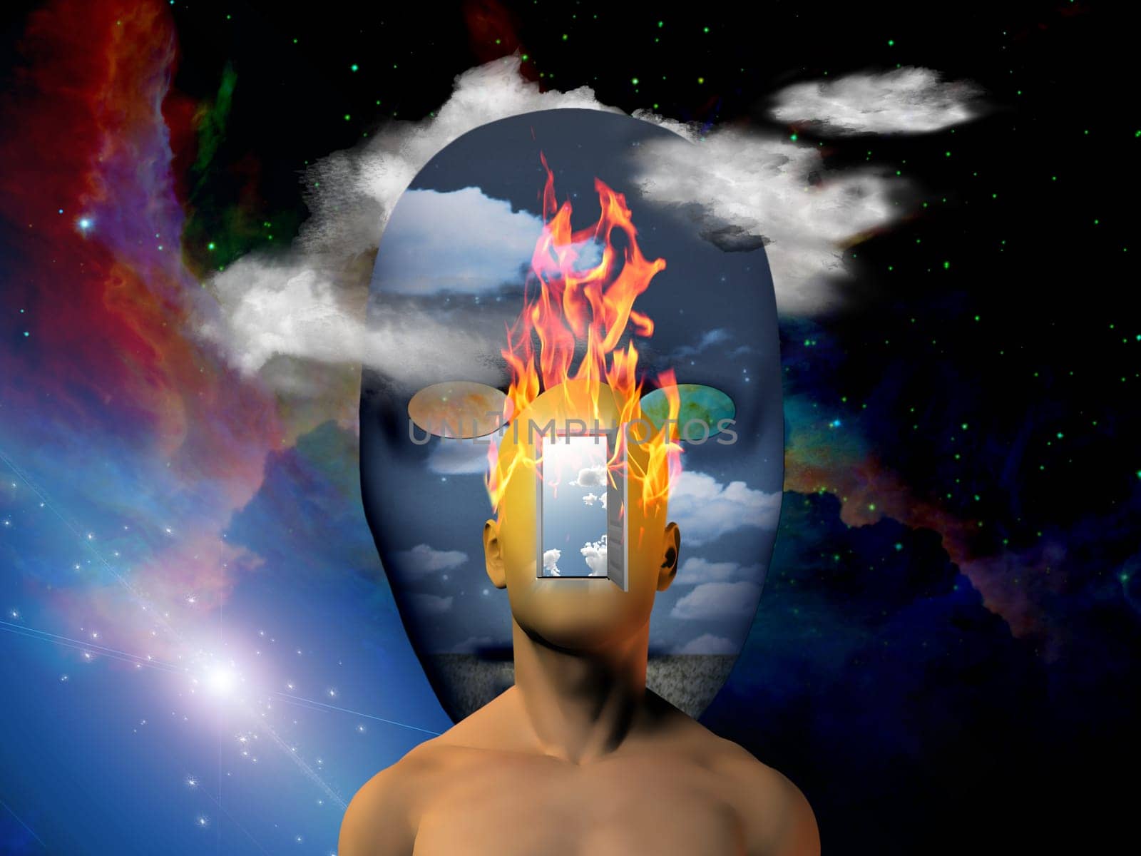 Surreal painting. Mask with image of clouds and field. Burning man's head with open door to another world instead of face.