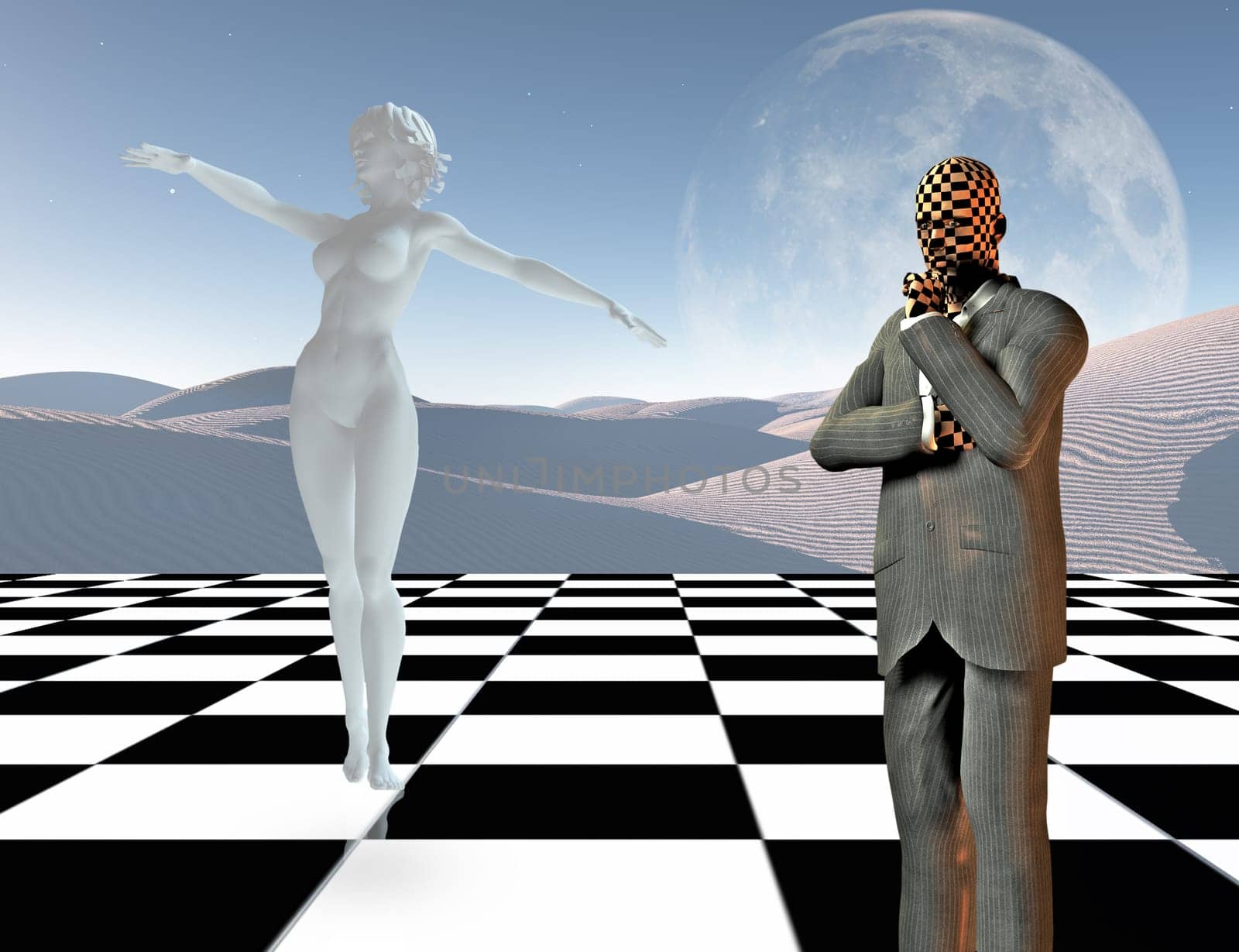 Surreal graceful thoughts. Businessman stands on chessboard. Woman's statue made of white stone. 3D rendering
