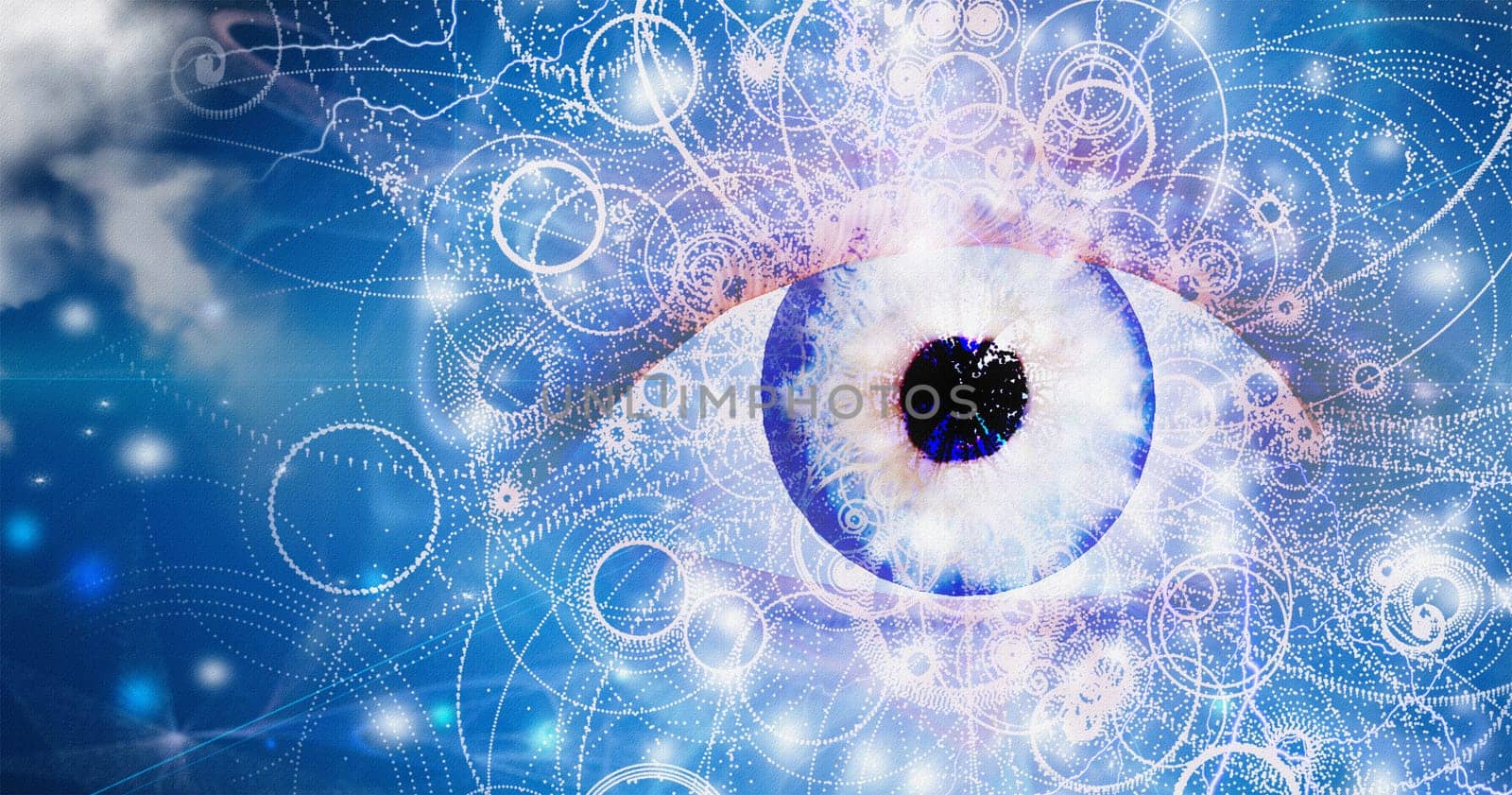 Surreal digital art. Blue giant eye in the cloudy sky.