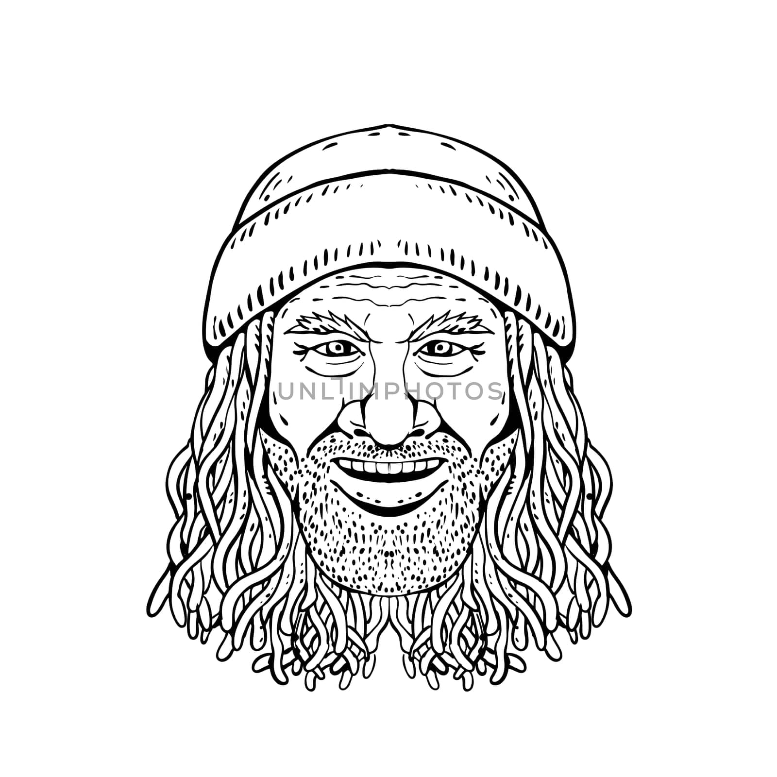 Drawing sketch style illustration of head of a Rastafarian dude, Rastafari or guy practising Rastafarianism, an Abrahamic religion developed in Jamaica in 1930s on white background in black and white.