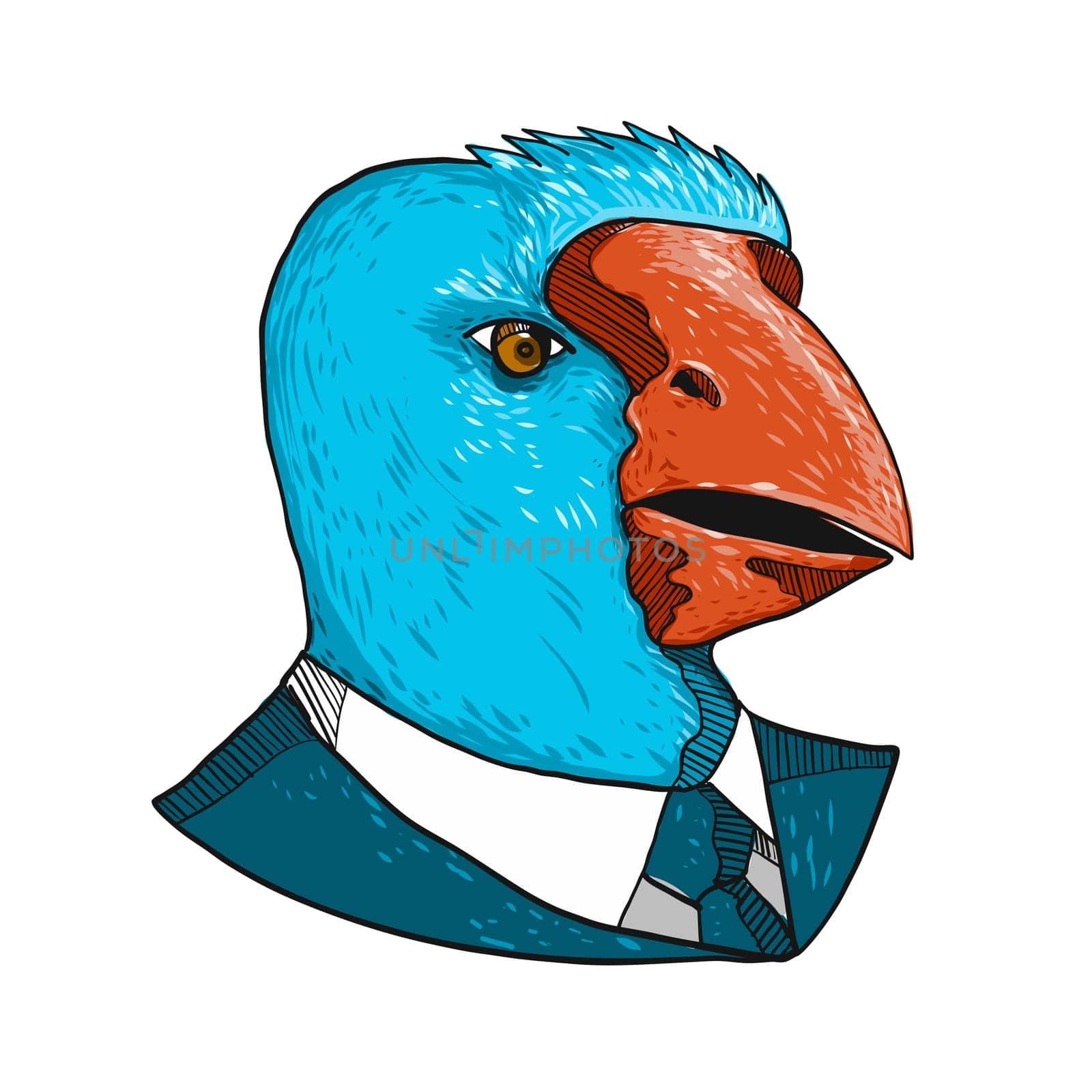 Drawing sketch style illustration of head of a takahe, the South Island takahe or notornis, a flightless bird indigenous to New Zealand, wearing a business suit and tie on isolated white background.
