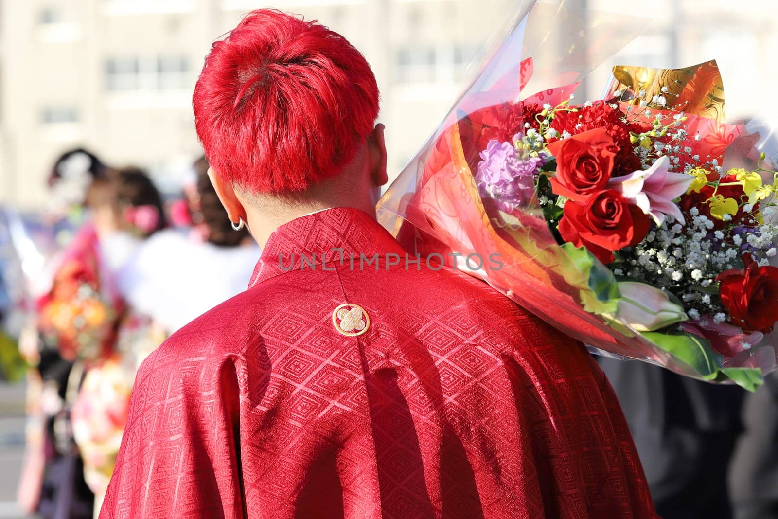 KAGAWA, JAPAN - JANUARY 13, 2019: Young Japanese men wearing traditional kimono for the coming of age day celebration, they turn twenty in Kagawa, Japan.