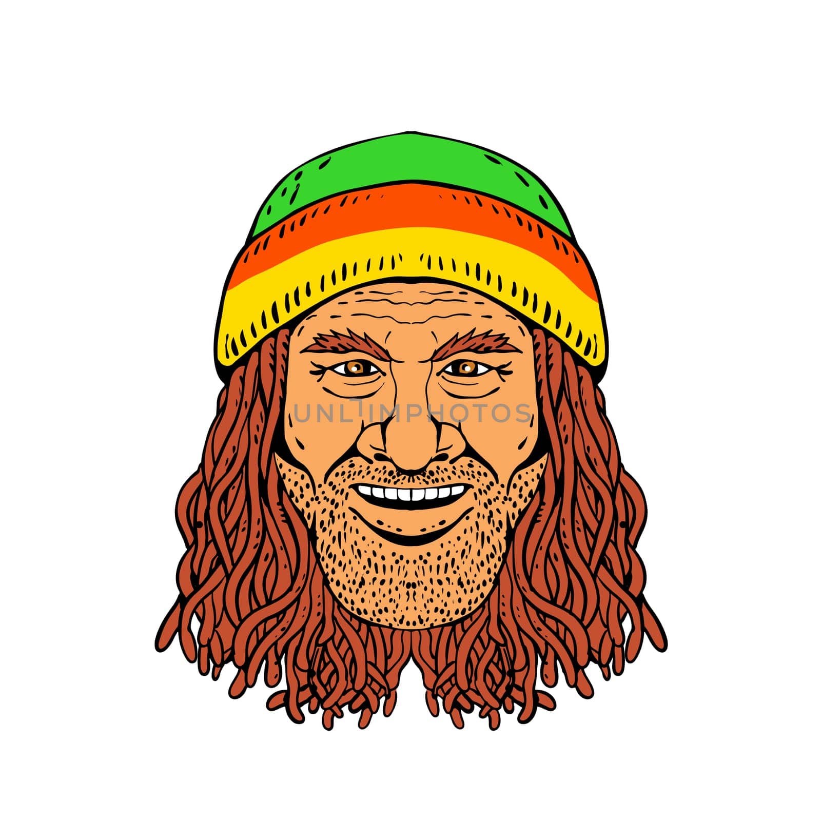 Drawing sketch style illustration of head of a Rastafarian, Rastafari or guy practising Rastafarianism, wearing a beanie and dreadlocks on white background in full color.