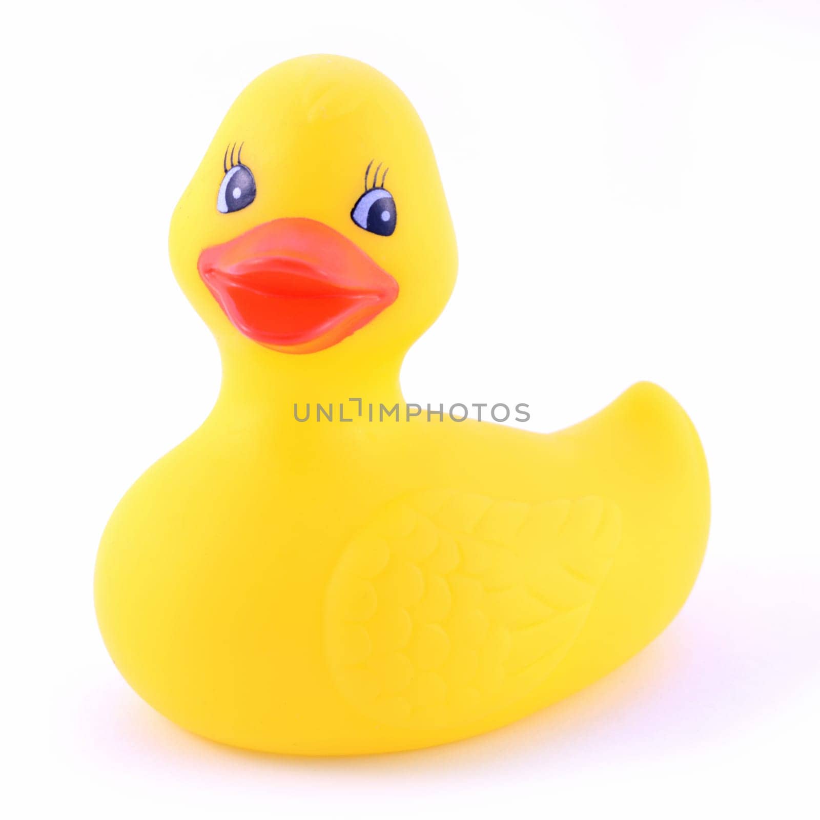 An isolated shot of a rubber duckie toy.