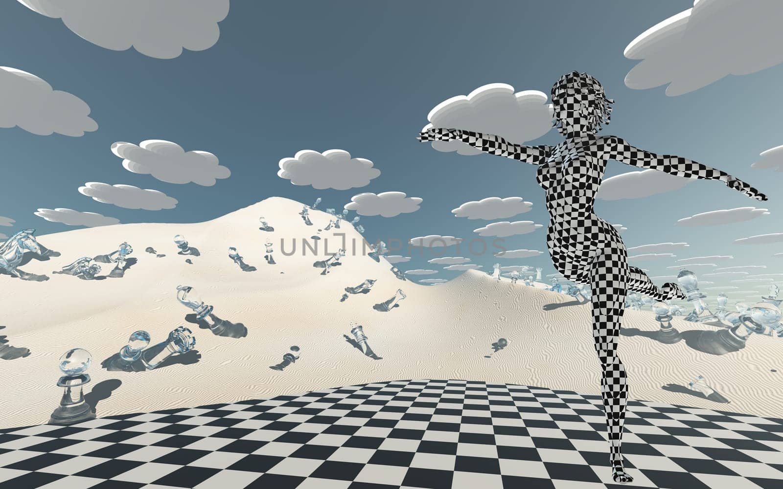 Checker board covered dancer in chessboard desert