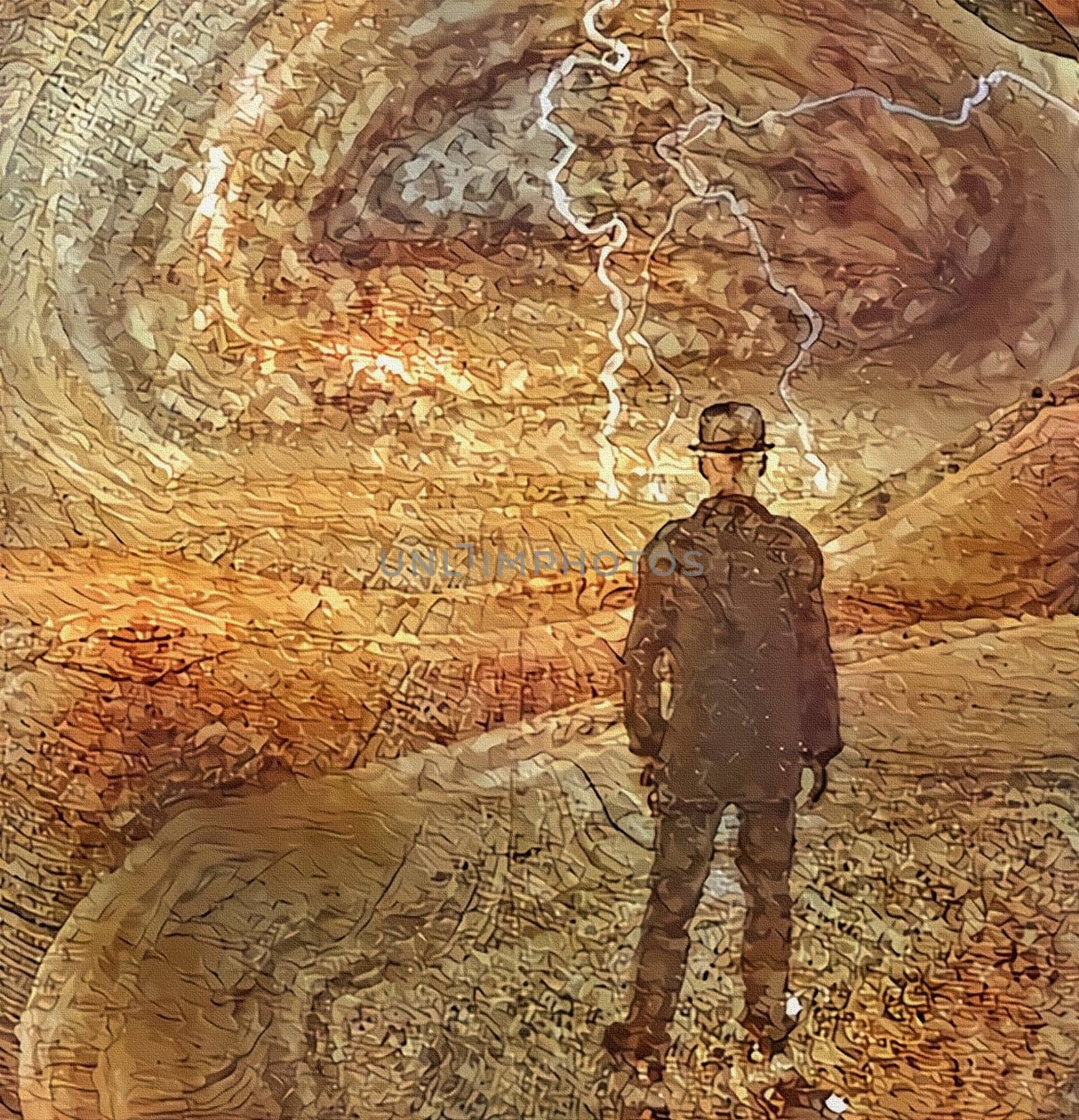 Abstract painting. Man in suit and bowler hat stands in the field. Lightnings in the sky