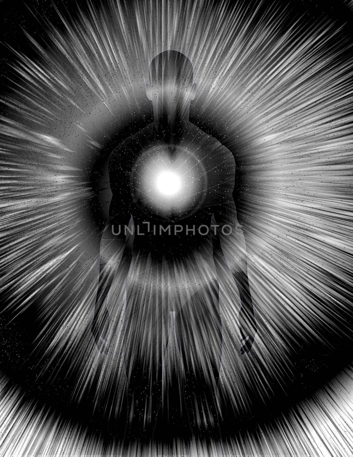 Man's silhouette with rays of light. Soul or Aura
