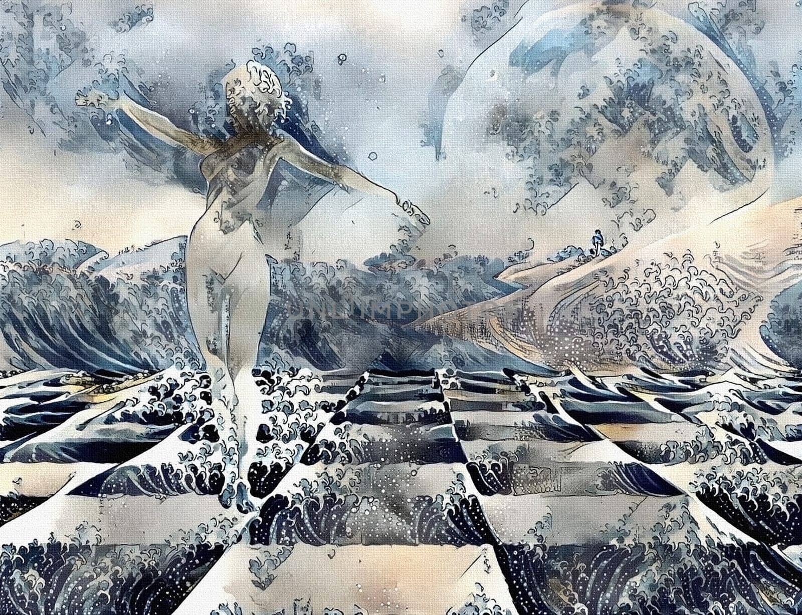 Surreal painting. Woman's statue made of white stone on a chess board. 3D rendering