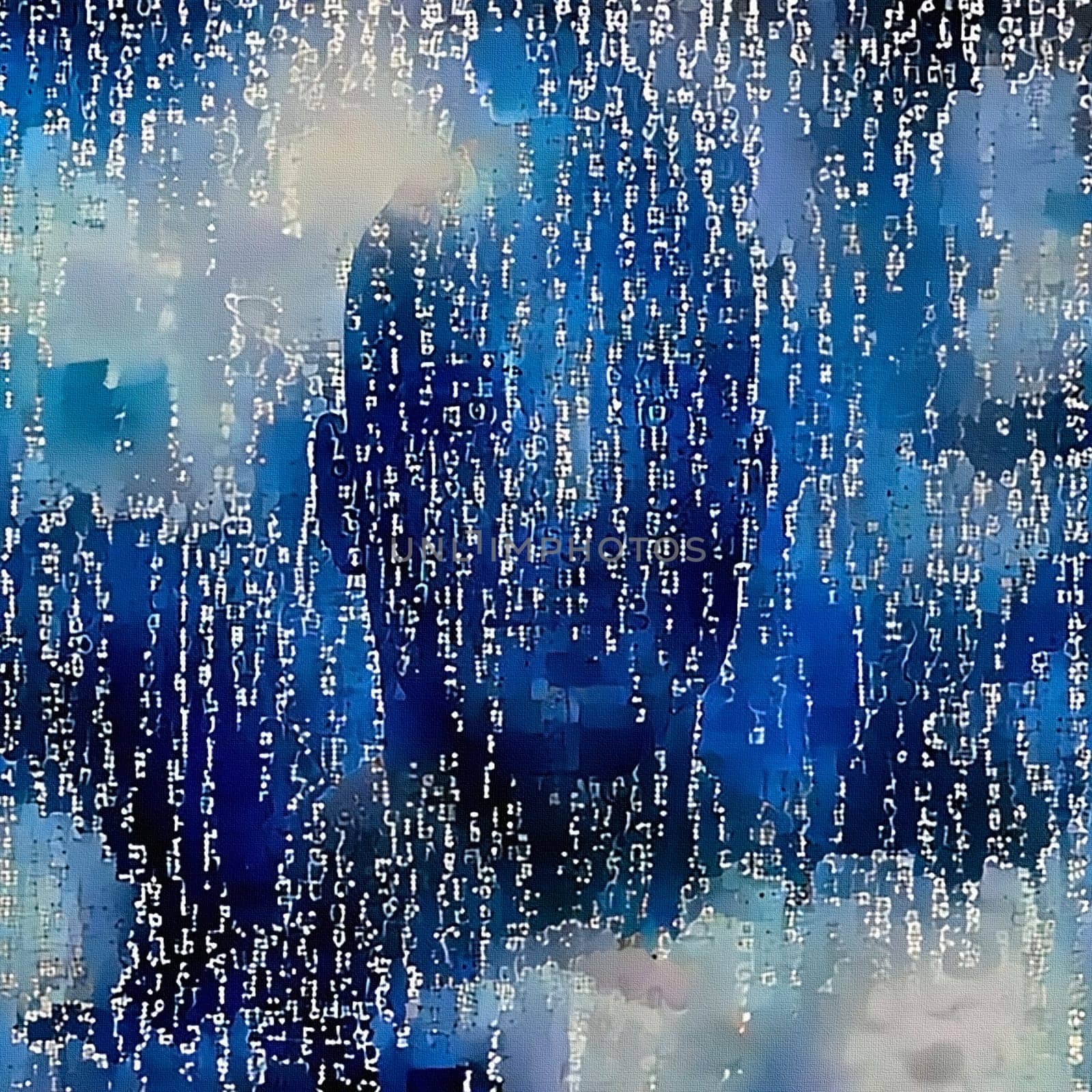 Abstract painting. Blue man cyborg head with digital code